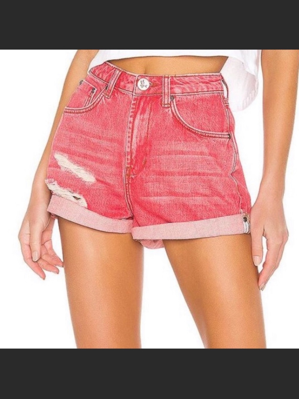 One Teaspoon Bandit Coral Red Distressed Roll-Cuff Denim Shorts